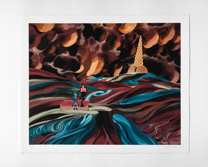 MEELO and HEELO seated together in a surreal landscape of deep burgundy, turquoise, amber, and black