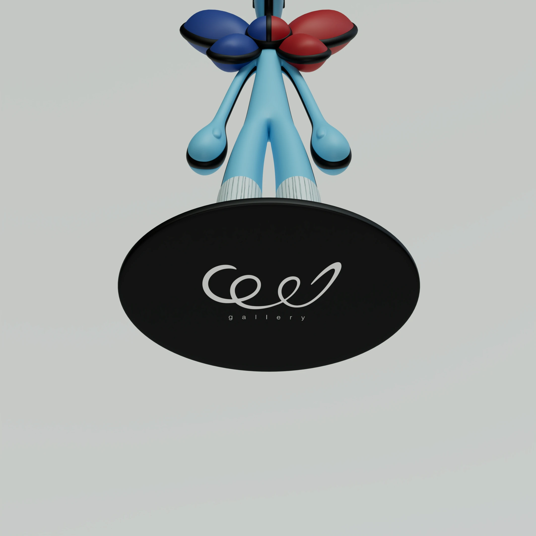 Detail view of MEELO's blue body, red and blue forms, and Ceel Gallery plinth